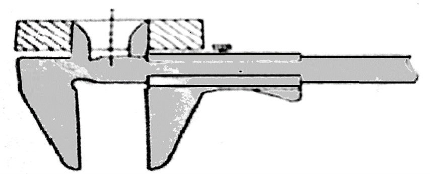 Diagram showing a Vernier caliper performing an internal measurement on a hollow object using the upper jaws.